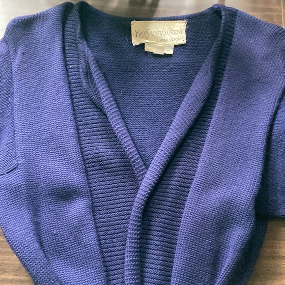 Yves Saint Laurent (Paris NY) Indigo Blue Wrap Sweater, Belt Tassels 100% Wool. - Picture 7 of 8